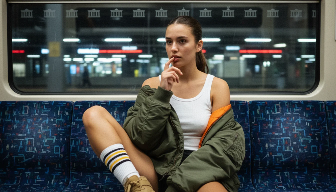 Urban subway portrait with authentic skin texture, shallow depth of field, and everyday fashion styling.